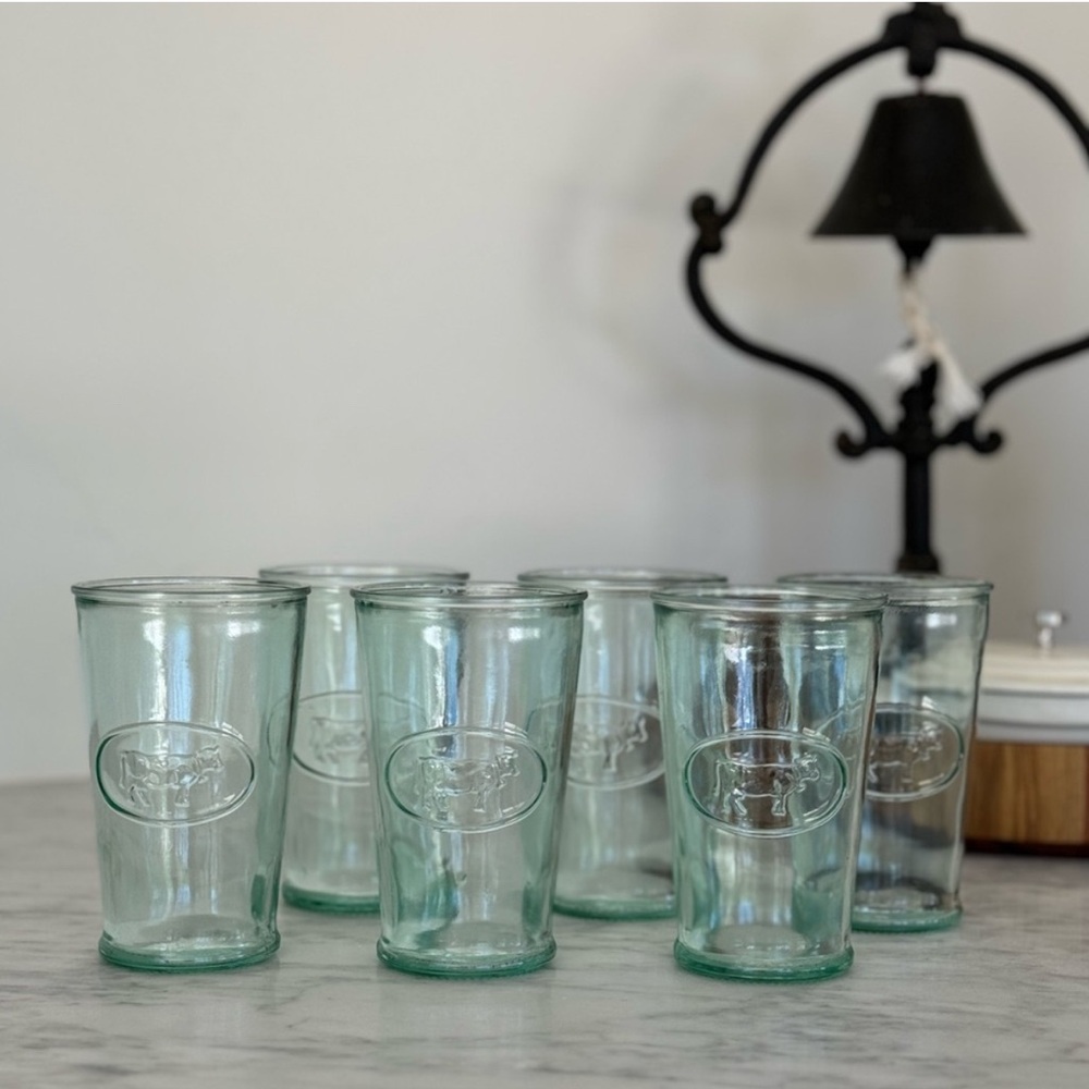 Set of 6 Amici Italian recycled Green Glass Milk Cow Embossed Farmhouse Country